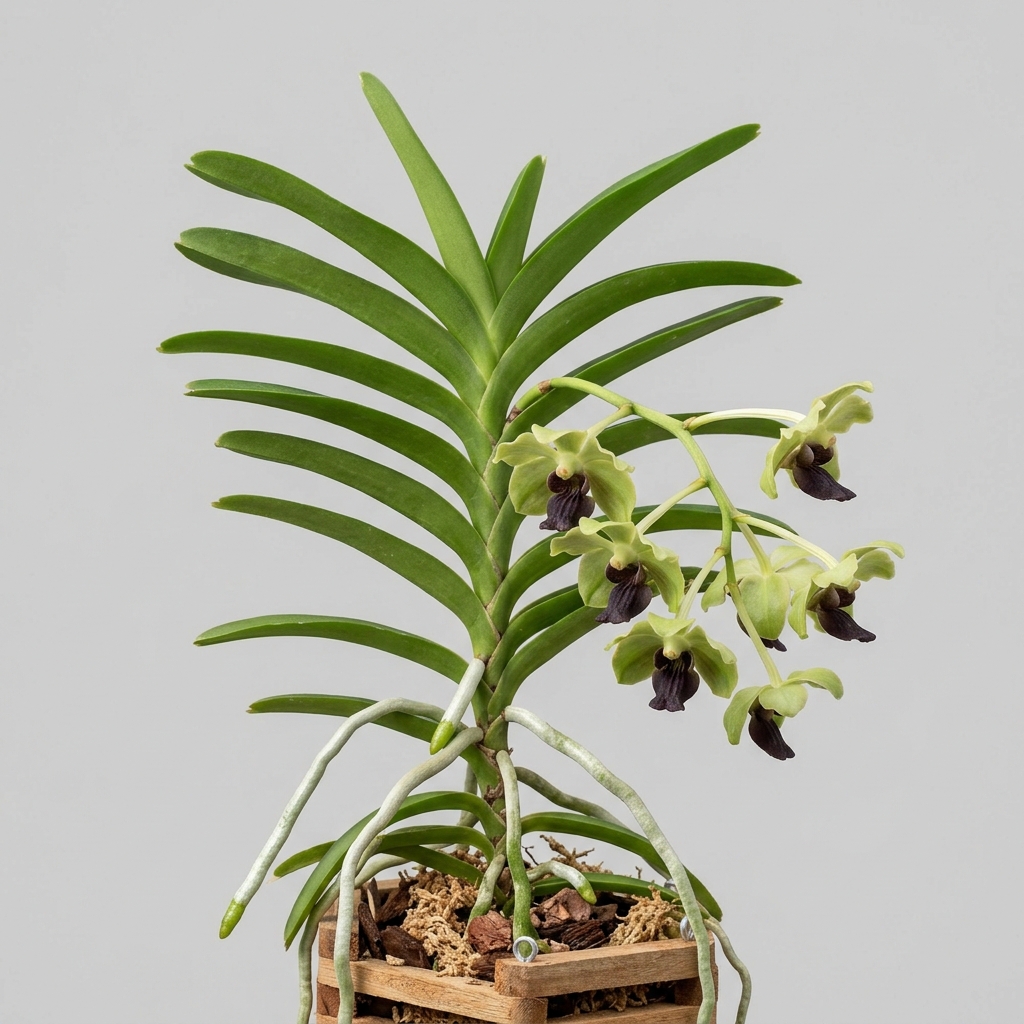 Vanda Alpina orchid with pale green petals and a dark purplish-brown lip