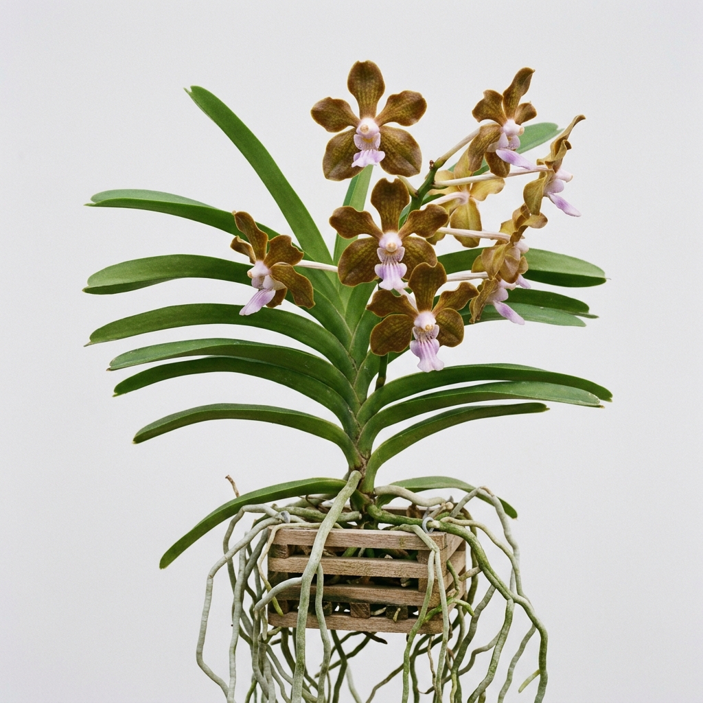 Vanda Brunnea orchid with bronze-colored flowers and thick aerial roots growing in a wooden basket.
