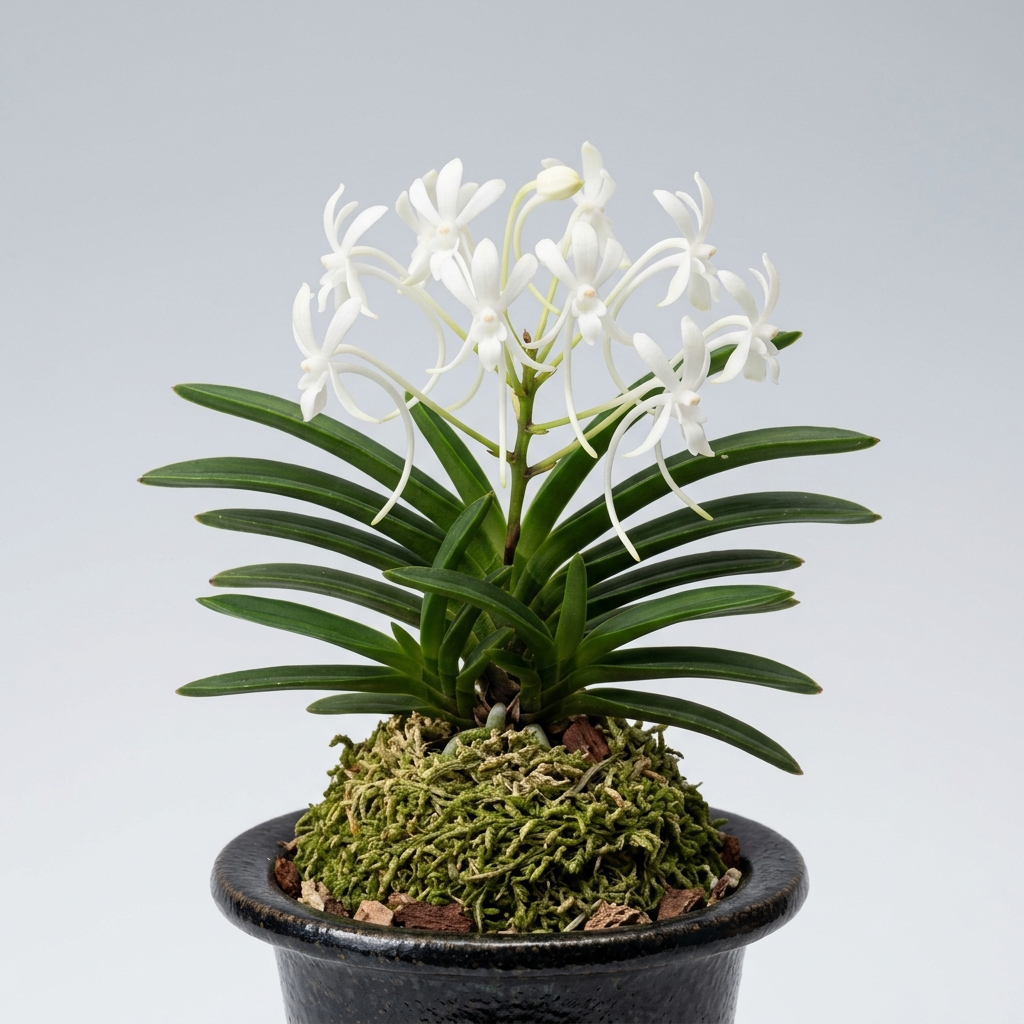 White spurred flowers and fan-shaped green leaves of a Vanda Falcata orchid.