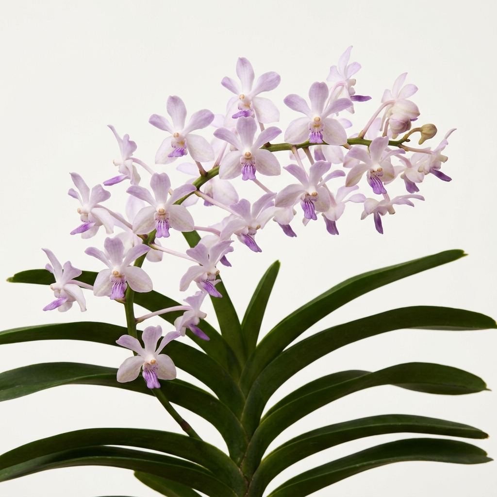 Vanda Lilacina orchid with pale lilac flowers and a deep violet labellum.