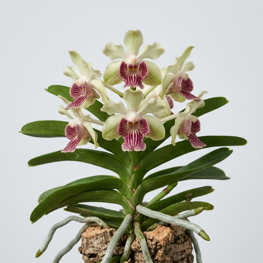 Vanda Pumila orchid with pale creamy-green petals and a striped red-brown lip.