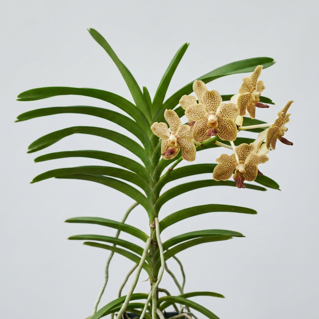 Vanda Scandens orchid showing yellow and bronze flowers and thick aerial roots.