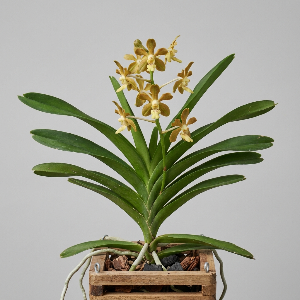 Vanda Thwaitesii orchid showing its monopodial growth habit and ochre-colored flowers.