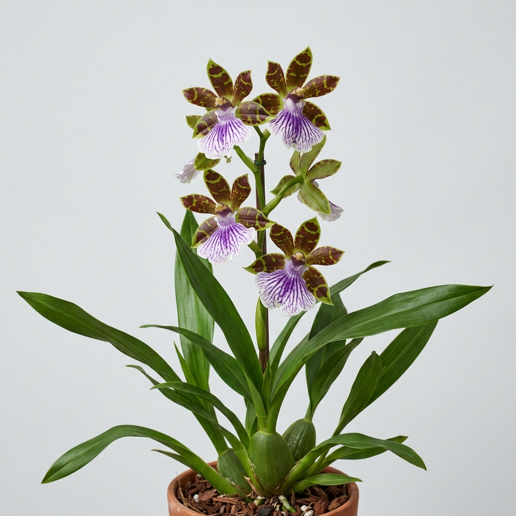 Zygopetalum Mackayi orchid with green and brown petals and a white lip veined in violet.